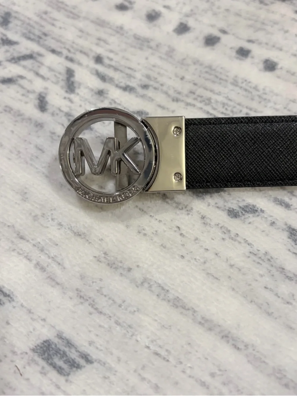 Michael Kors MK Logo Belt Black Silver Buckle Designer Minimalist Mobwife